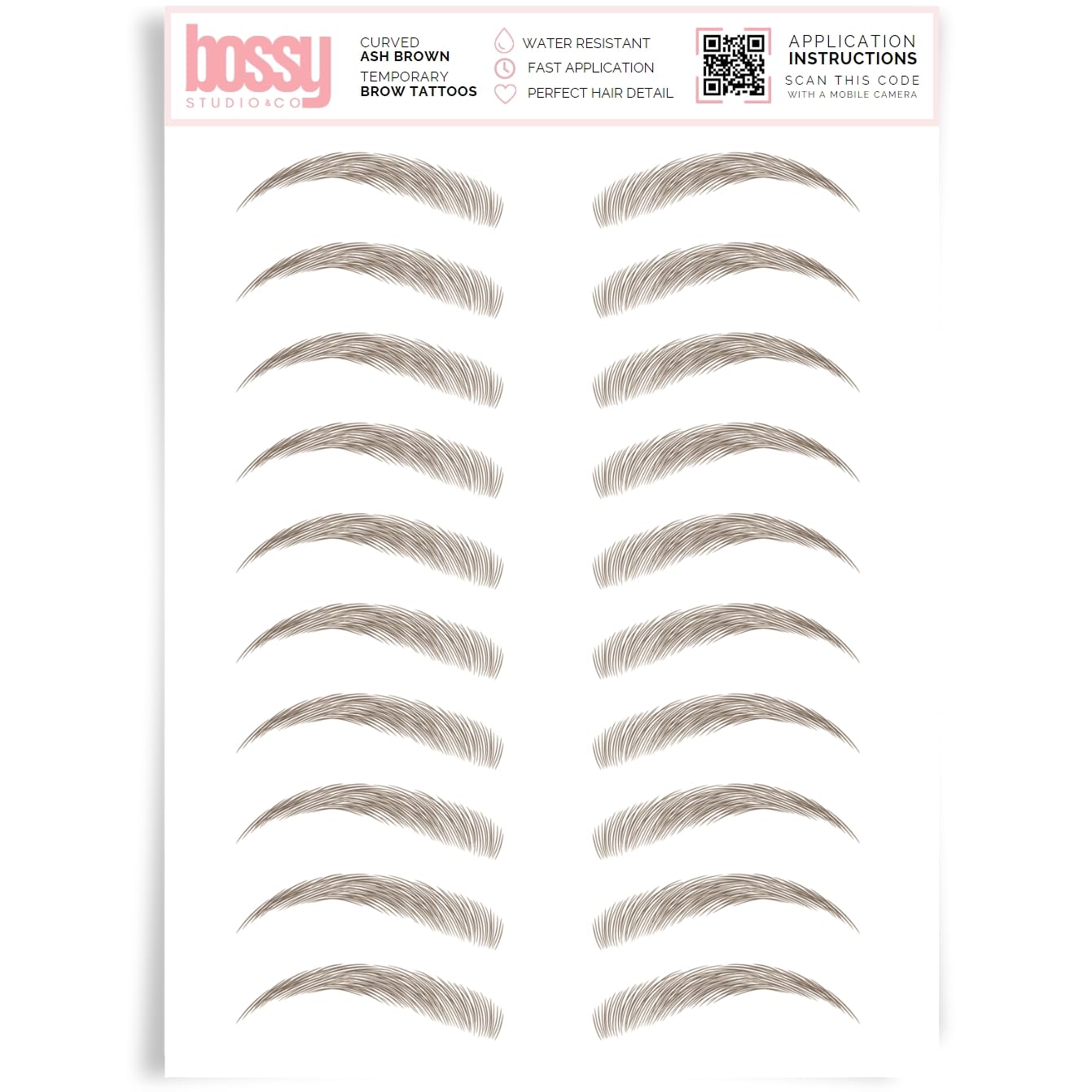 Studio & Co Temporary Eyebrow Tattoos Waterproof Eyebrow Stickers, False Tattoos Hair Like Peel Off Instant Transfer Brow curved ash brown