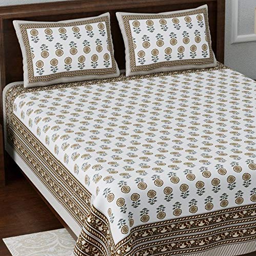 Image of Living Roots Ethnic Rajasthani /Jaipuri /Sanganeri Block Print 100% Cotton Super King Size 100 * 108 Bedsheet with 2 Pillow Covers (41C)