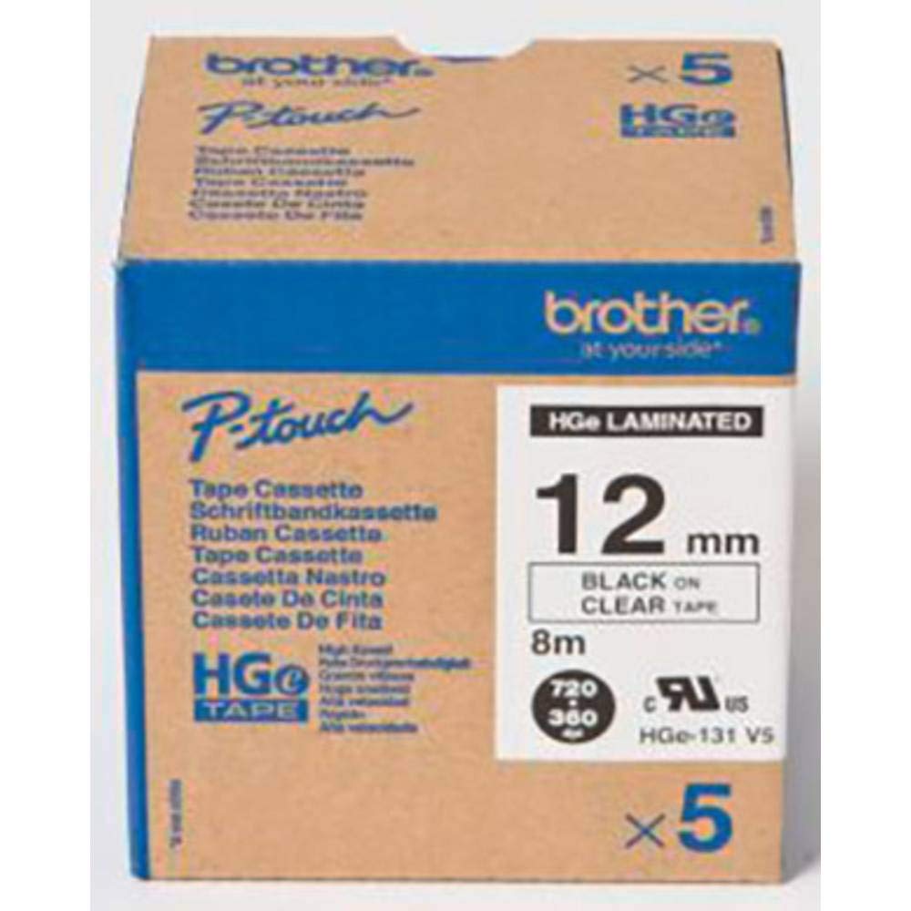 Brother HGe-131V5 Beschriftungsbandkassette, Vorteilspack, schwarz auf klar, 12 mm (B) x 8 m (L), laminiert, inkl. 5 x Bänder, Brother Originalbedarf