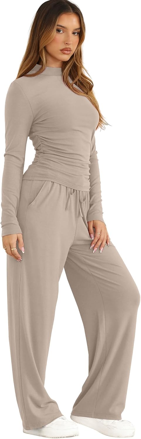 Sampeel Two Piece Sets for Women Fall Outfits 2025 Trendy Loungewear 2 Piece Outfits Work Out Set Old Money Khaki L - Image 3