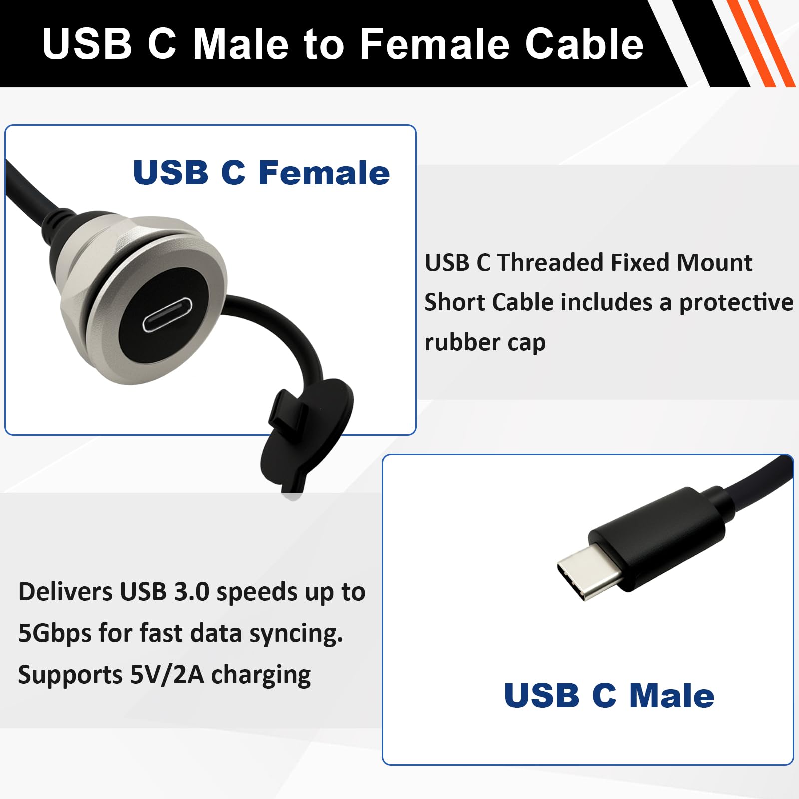USB C 3.0 Verlängerungskabel für Schalttafelmontage, Al Shell, USB 3.0 Typ-C Stecker auf Buchse, feste Montage, Kabel, eingebettet, wasserdicht, runder Konverter, 5 V/2 A, 5 Gbit/s, 30 cm