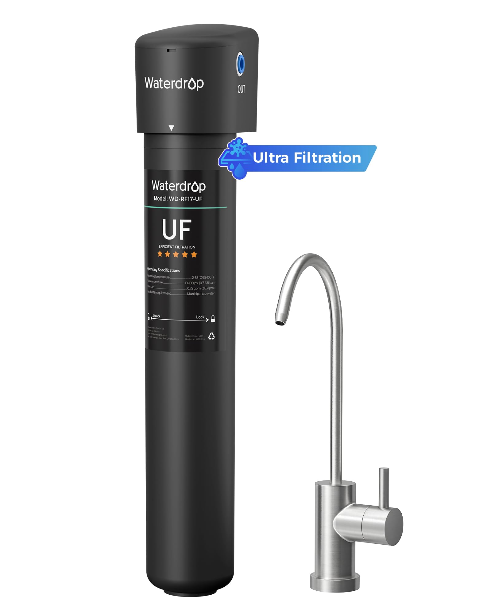 Waterdrop 17UB-UF 0.01 μm Ultra Filtration Under Sink Water Filter System, 3 Years, Reduces Lead, Chlorine, Bad Taste & Odor, with Dedicated Brushed Nickel Faucet