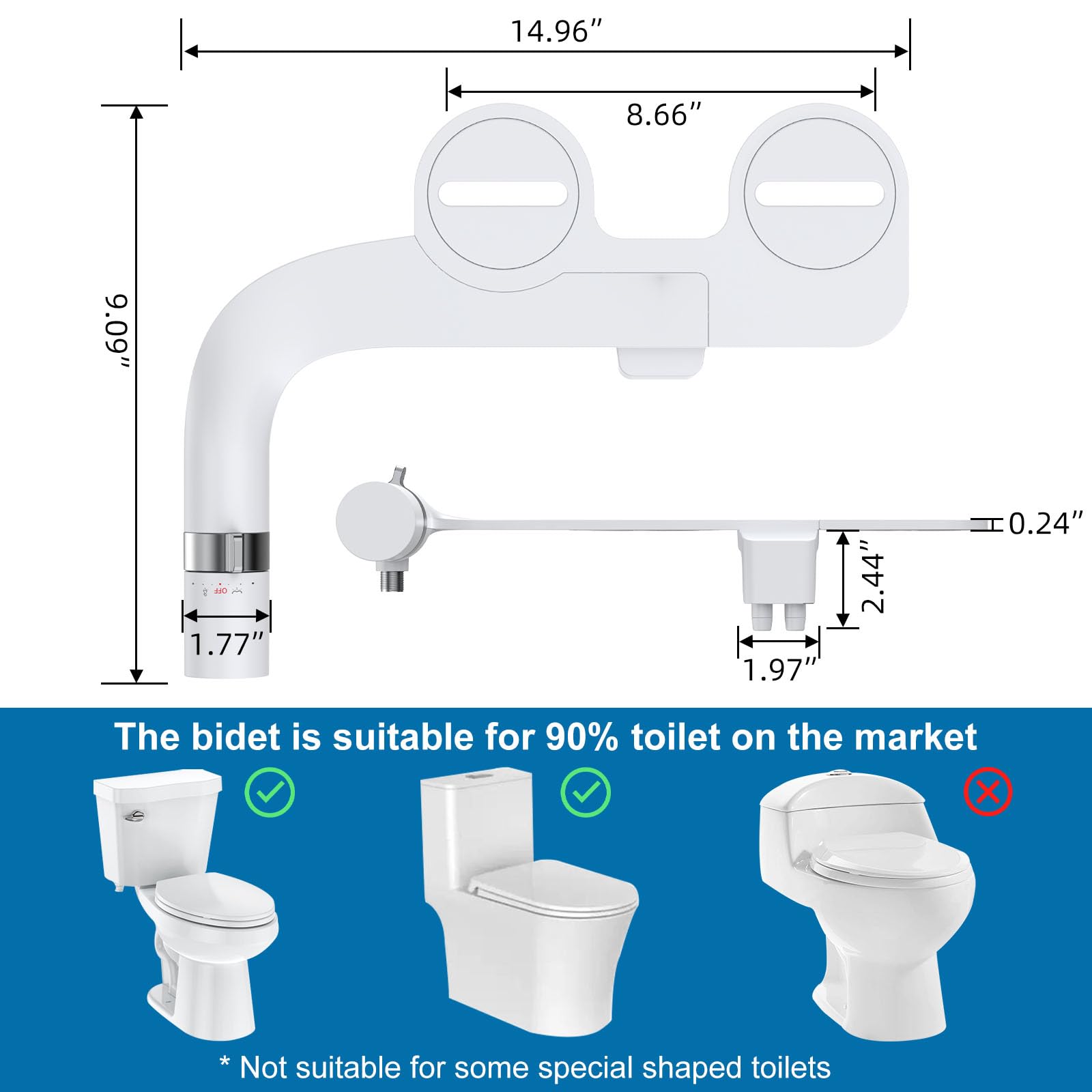 Toilet Bidet Attachment Non-Electric Dual Nozzle Self-Cleaning Frontal Rear Wash Adjustable Water Pressure Fresh Cold Water Sprayer Ultra-Slim — view 2