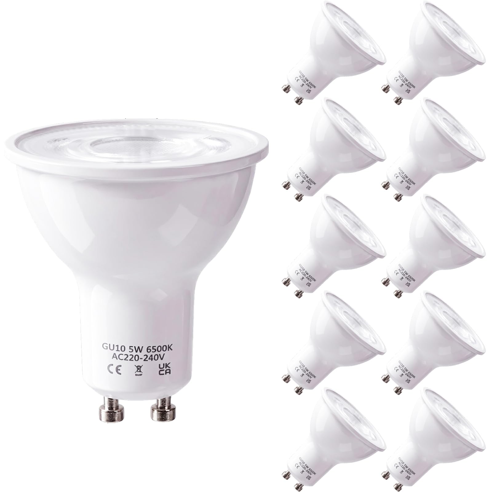 GU10 LED Bulb 5W 900LM, Class B GU10 LED Light Bulbs Cool White 6500K, Energy Efficiency Spotlights Replaces 60W Halogen, 45° Beam Angle, Non-dimmable, Pack of 10