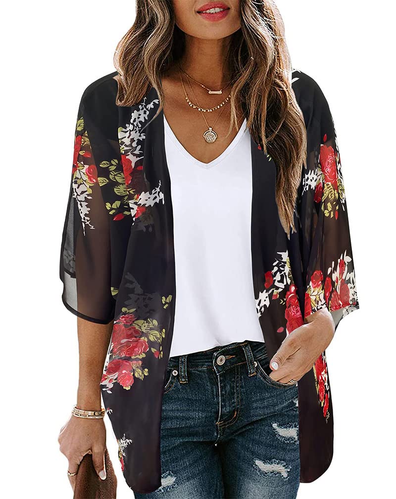 Damen Chiffon Kimono - Leichter Blumen Cardigan Als Bikini Cover Up