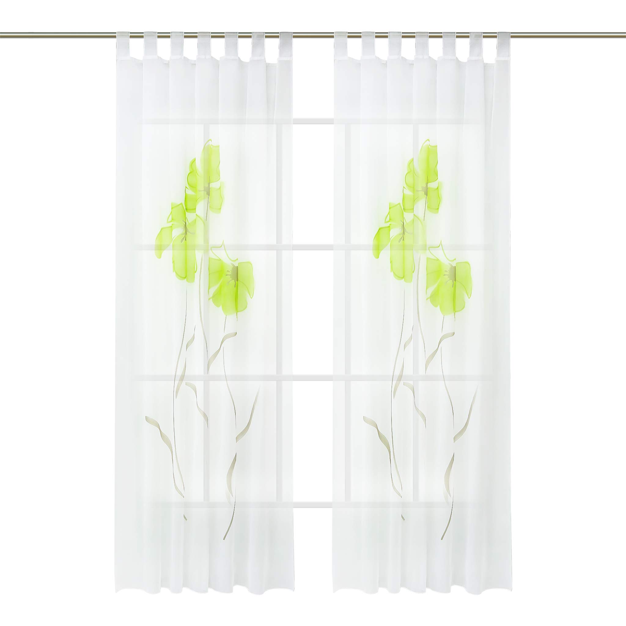 Tenda Voile Trasparente Con Stampa Floreale, Con Passanti, 150x175 Cm, Verde, 100% Poliestere
