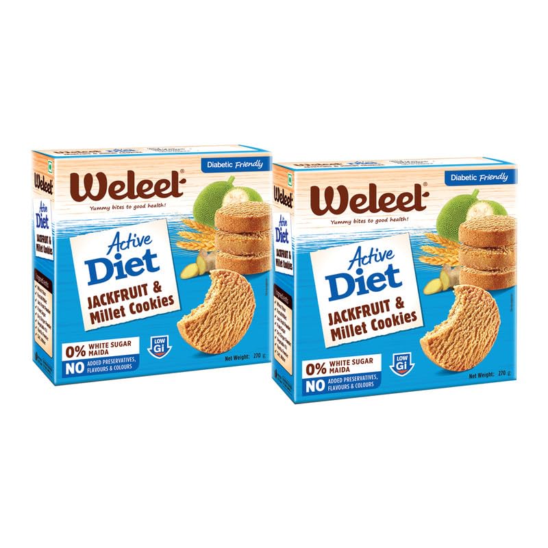 Image of Weleet Jackfruit & Millet Healthy Active Diet Digestive Cookies| Home /Office Snack, Low Gi, Diabetic Friendly| Free of White Sugar & Maida, Free from Added Preservatives,Pack of 2 (Each 270gm)