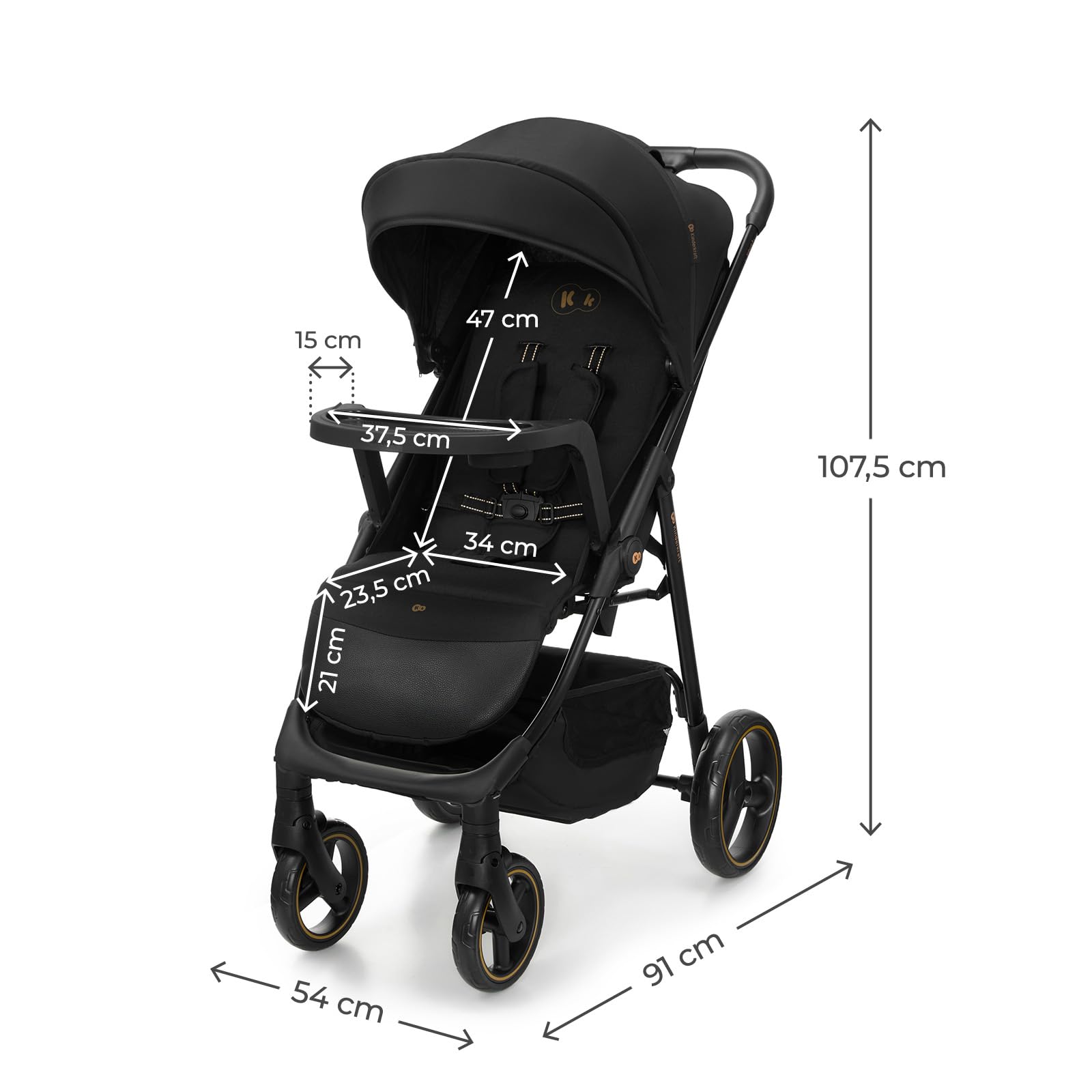 Kinderkraft TRIG 3 con vassoio, Passeggino 22 kg, CLICK & FOLD, Nero