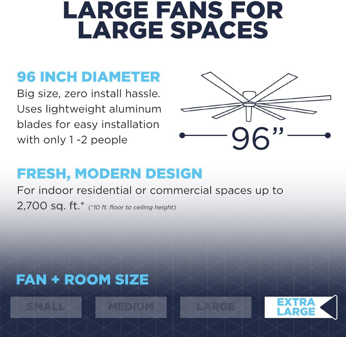 Maxx Air 96 In. Indoor 6-Speed Ceiling Fan with Light. Powerful 6-Speed Ceiling Fan with Energy Efficient 35 Watt Motor. 13,000 CFM and 2,700 Sq ft of Coverage (Black)
