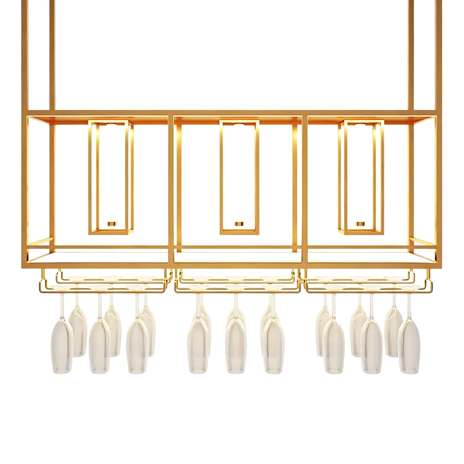 ASYJVWYZ Suspended Bar Shelf With Wine Glass Hanger, Gold Liquor Bottle Display Rack, Ceiling Mounted Organizer For Kitchen And Bar