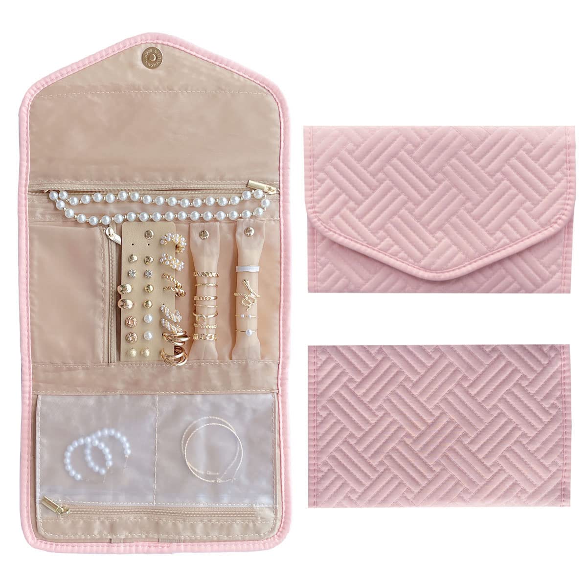 RT&BSRT&BS Multi functional Jewelry organizer bag, travel storage bag, foldable jewelry roll for the Journey-Rings, Necklaces, Earrings, Bracelets (Light pink, Medium)