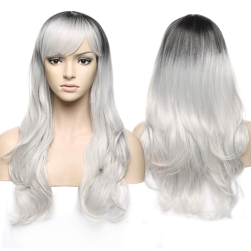 S-noilite Long Layered Wavy Ombre Black To Silver Grey Costume Wigs for Women Halloween Anime Cosplay Comics Party Full Head Heat Resistant Synthetic Hair Wig With Bangs 23inch