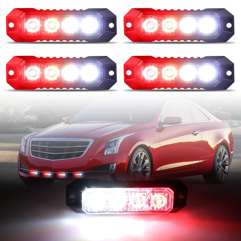4-LED Surface Mount Strobe Lights for Trucks Car Vehicle Mini Grille Flashing Light Head Emergency Hazard Warning Grill Lamp Ultra Slim 4pcs Sync Feature (Red&White)