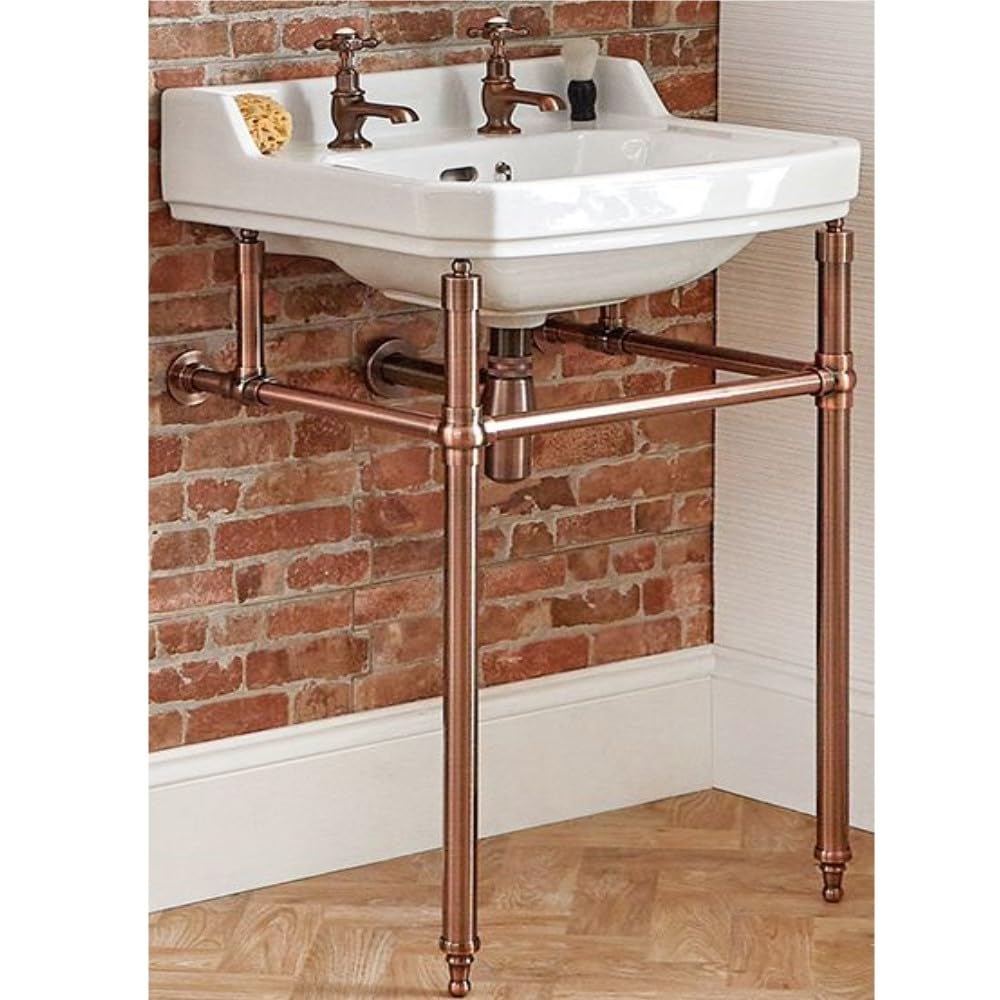 Milano Richmond White Bathroom Basin Sink 2 Tap Holes Copper Washstand - 560mm x 450mm