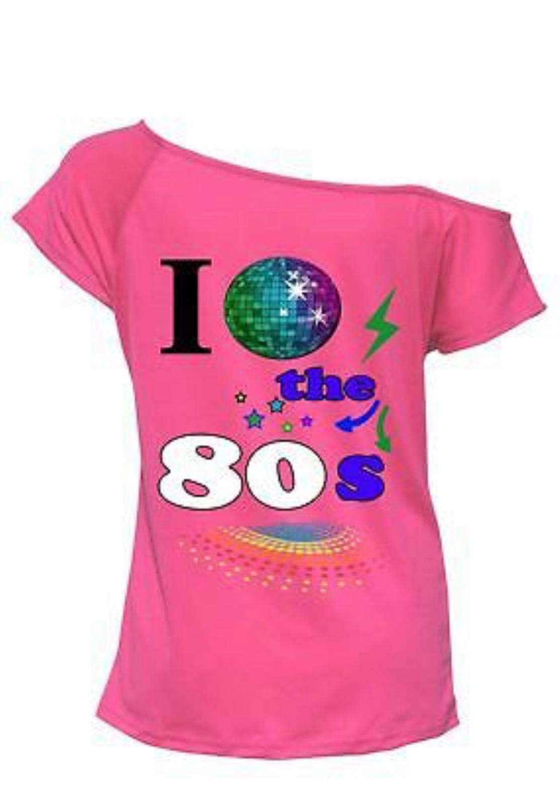 HiffyLadies I Love The 80's T-Shirt Fancy Dress Costume Neon Festival Women's Outfit UK 8-26