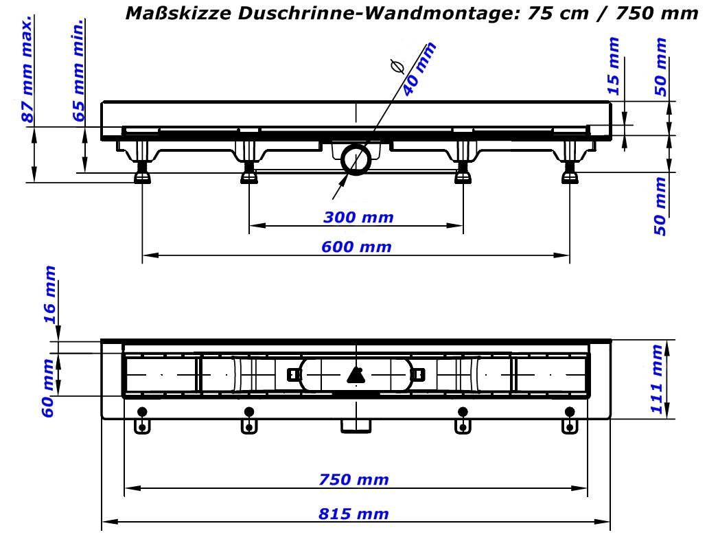 Duschrinne Bodenablauf Edelstahl Ablaufrinne Badablauf flach 75cm, Modell: Harmony-Wandmontage