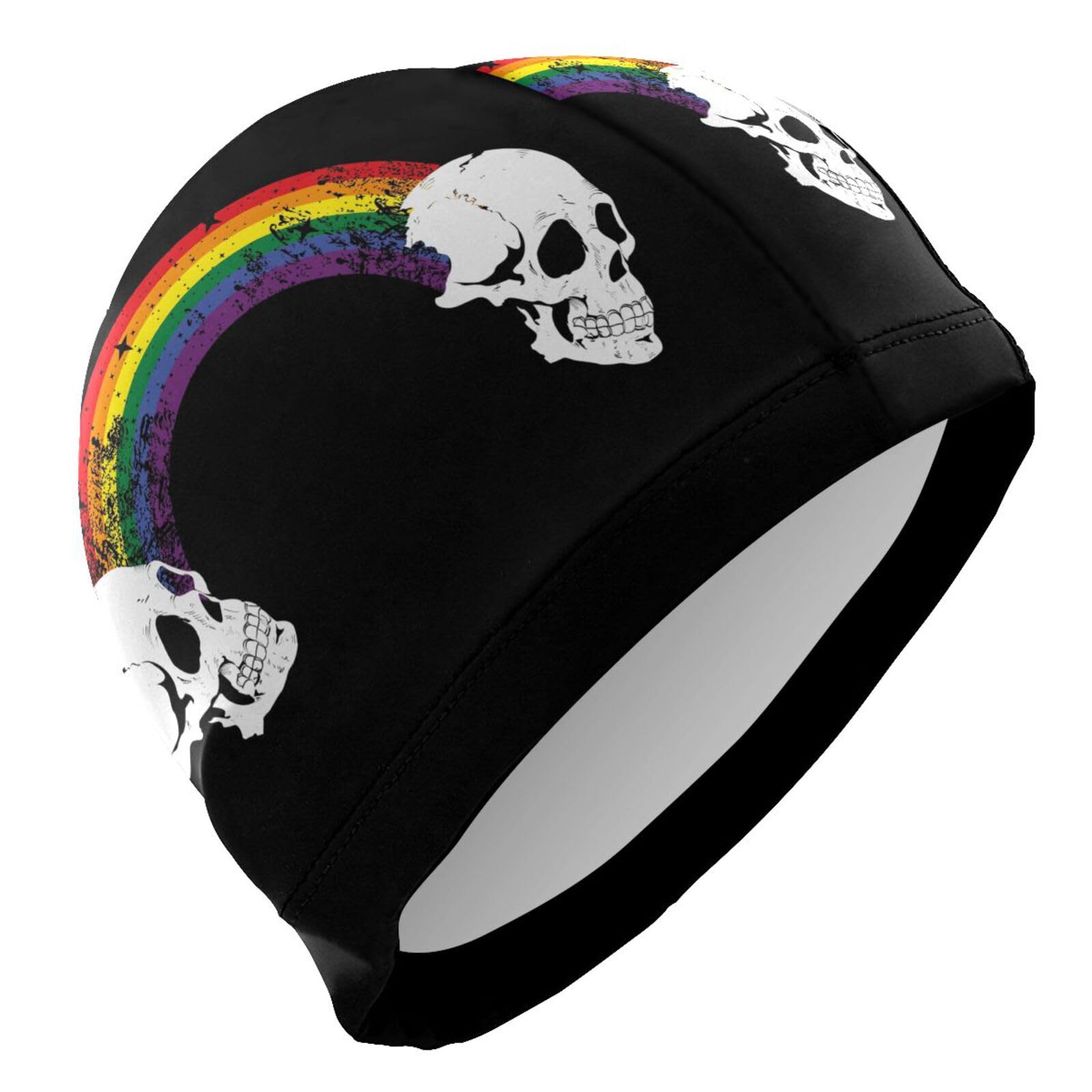 Dallonan Swimming Cap Unisex Adult Swim Cap Women Men Illustration Two Skulls Linked by Rainbow Polyester