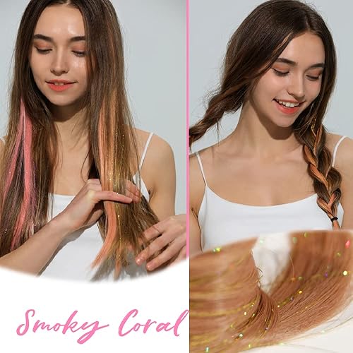 Miniatura 2 de 6 extensiones de cabello de colores con clip con reflejos de oropel con purpurina, extensiones de cabello de 22 pulgadas de largo, con clips para
