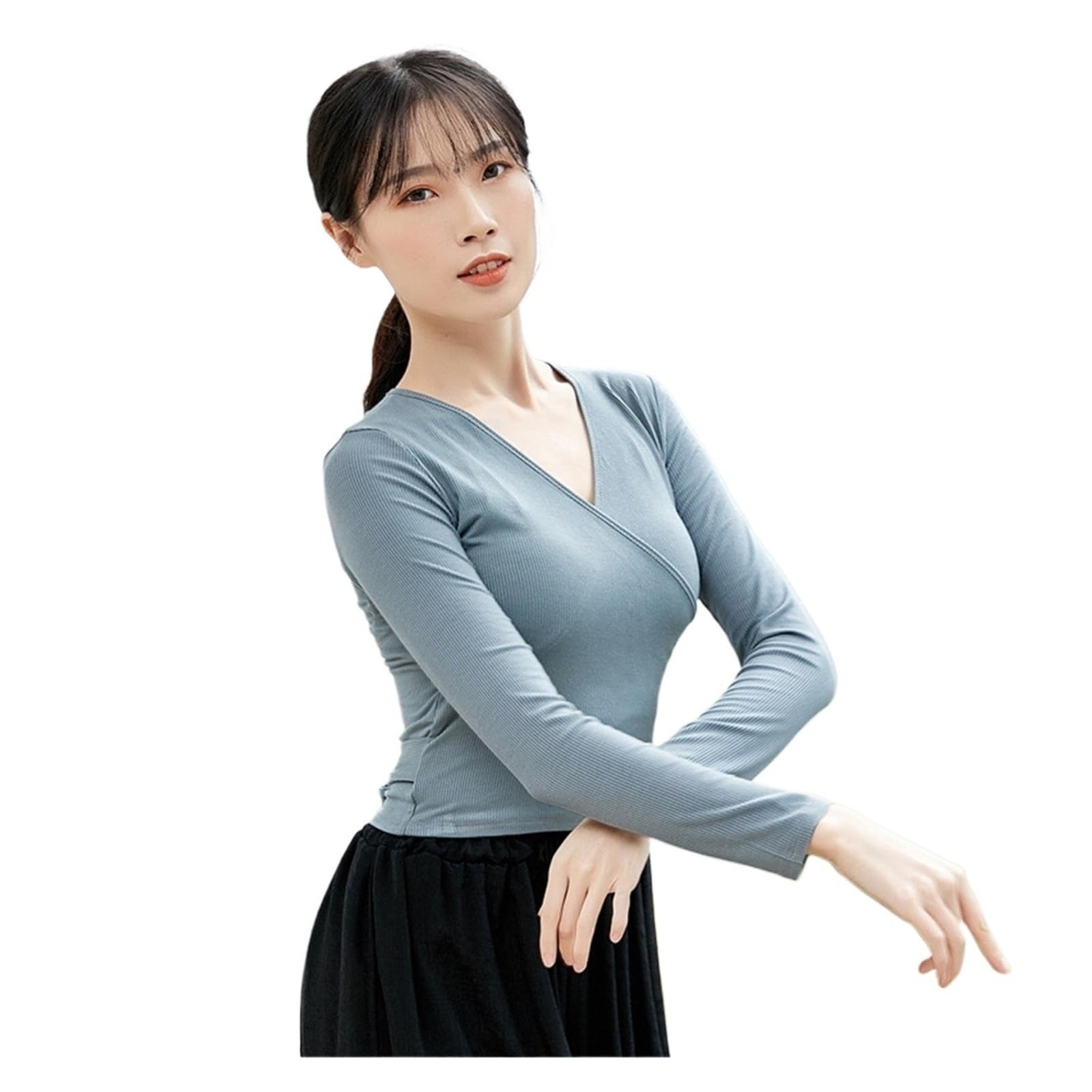 Wickeloberteil Damen Damen Baumwolle Spandex Langarm Top V-Ausschnitt Basic Solid Slim Fit T-Shirt Wrap Crop Ballett Tanz Achselzucken Bluse Tänzerin Praxis