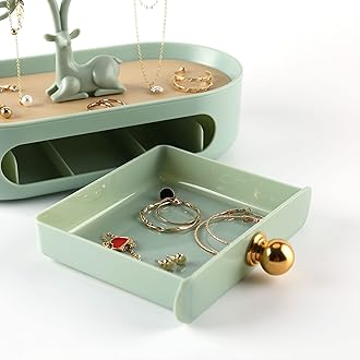 MORE&LESS Jewelry Display Stand with Aluminium alloy handle, Tree Tower Rack Hanging Organizer for Ring Earrings Necklace Bracelet, Deer Horn Tree Stand with Storage Drawer and Tray