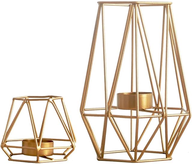 NUPTIO 2 Pcs Metal Hexagon Shaped Geometric Design Tea Light Votive Candle Holders, Iron Hollow Tealight Candle Holders for Vintage Wedding Home Decoration, Gold Christmas Candle Holder Decor (S + L)