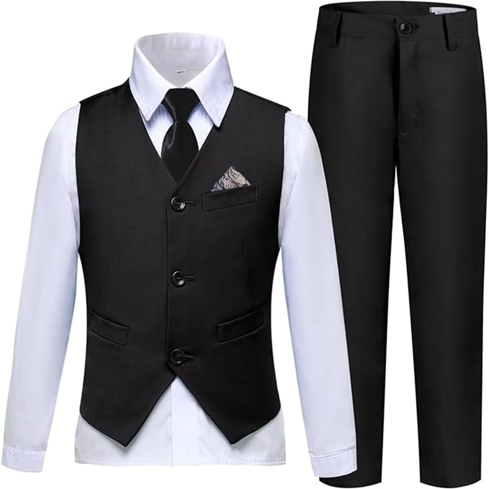 Boys Suit Formal Dress Pants Vest Suit Set for Boys Wedding Outfits with Dress Shirt Tie and Pocket Square