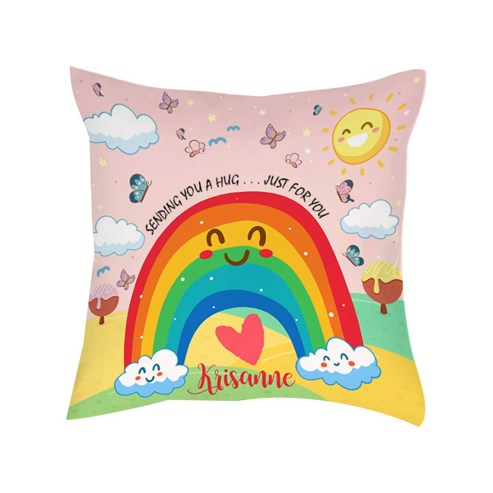 Giftme Satin Cushion Cover Personalised Butterfly With Rainbow Cloud Art Sending You A Hug Just For You Long Distance,Lockdown, Quarantine Satin Cushion, Throw Pillow Cushion. (Satin Cushion Cover)