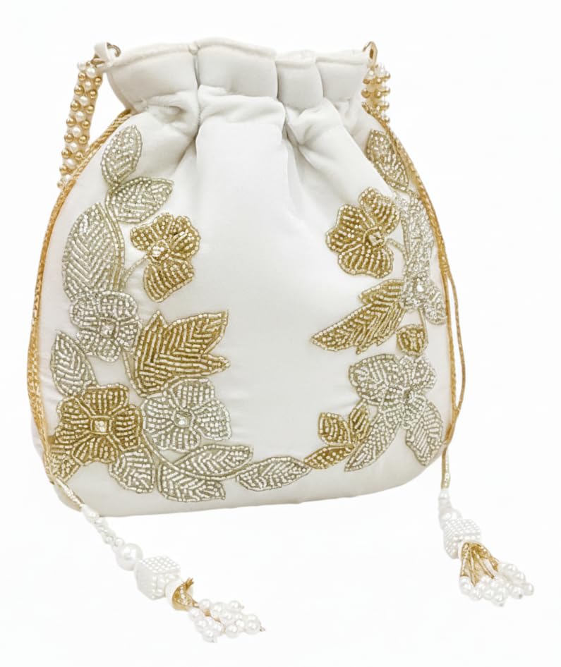 Image of Velvet Potli Bag with Golden & Silver Beaded Flower Embroidery - Handcrafted Ethnic Drawstring Bag for Weddings, Parties & Festive Gifts - Beaded Handle & Tassels for Women