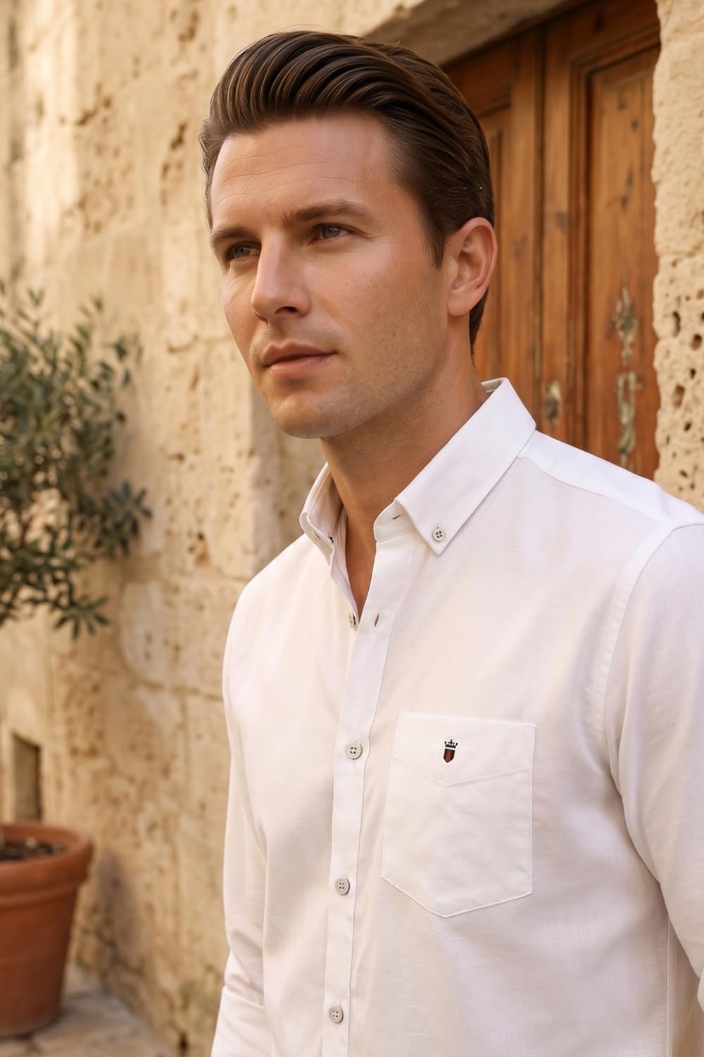 Louis Philippe Camicia da uomo casual slim fit Signature Oxford Easy Care Natural Stretch a maniche lunghe in cotone