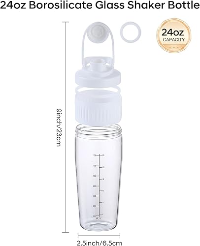 Miniatura 3 de Botella agitadora de vidrio de 24 onzas, polvo de proteína de vidrio de borosilicato, mezcla para mezclas de proteínas con bola de mezcla (B-Blanco,