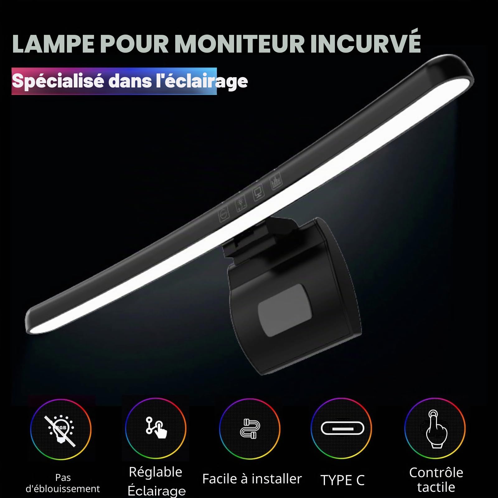 Cuifati Lampe de Moniteur D'ordinateur, Barre Lumineuse de Moniteur à écran incurvé 5 V 1 A pour Le Soin des Yeux, Lampe de Travail LED de Lecture E avec Gradation Tactile, Barre LED de