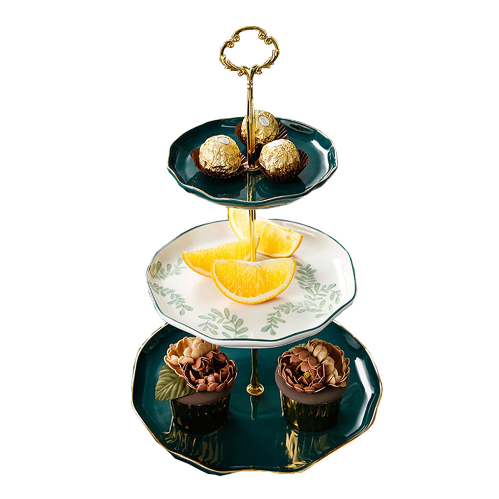 3 Piani Ciotola per Frutta Ceramica, Ciotola da Dessert in Ceramica Tre Strati con Supporto per Frutta, Pane, Verdura, Snack, Oggetti Domestici e Molto Altro,Verde