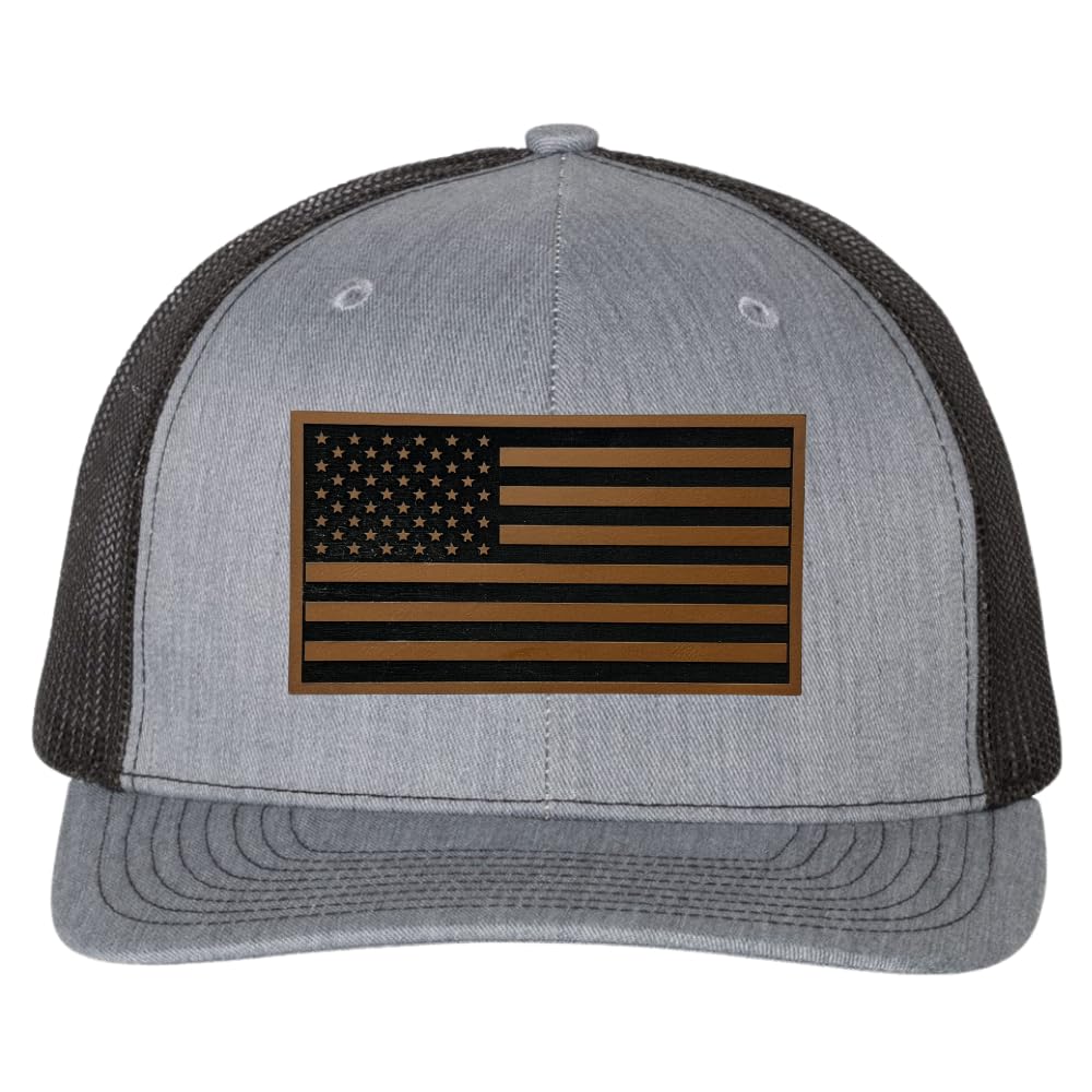 American Flag Hat for Men – Richardson 112 Trucker Snapback with Laser Engraved Leatherette American Flag Patch, Patriotic USA Baseball Cap