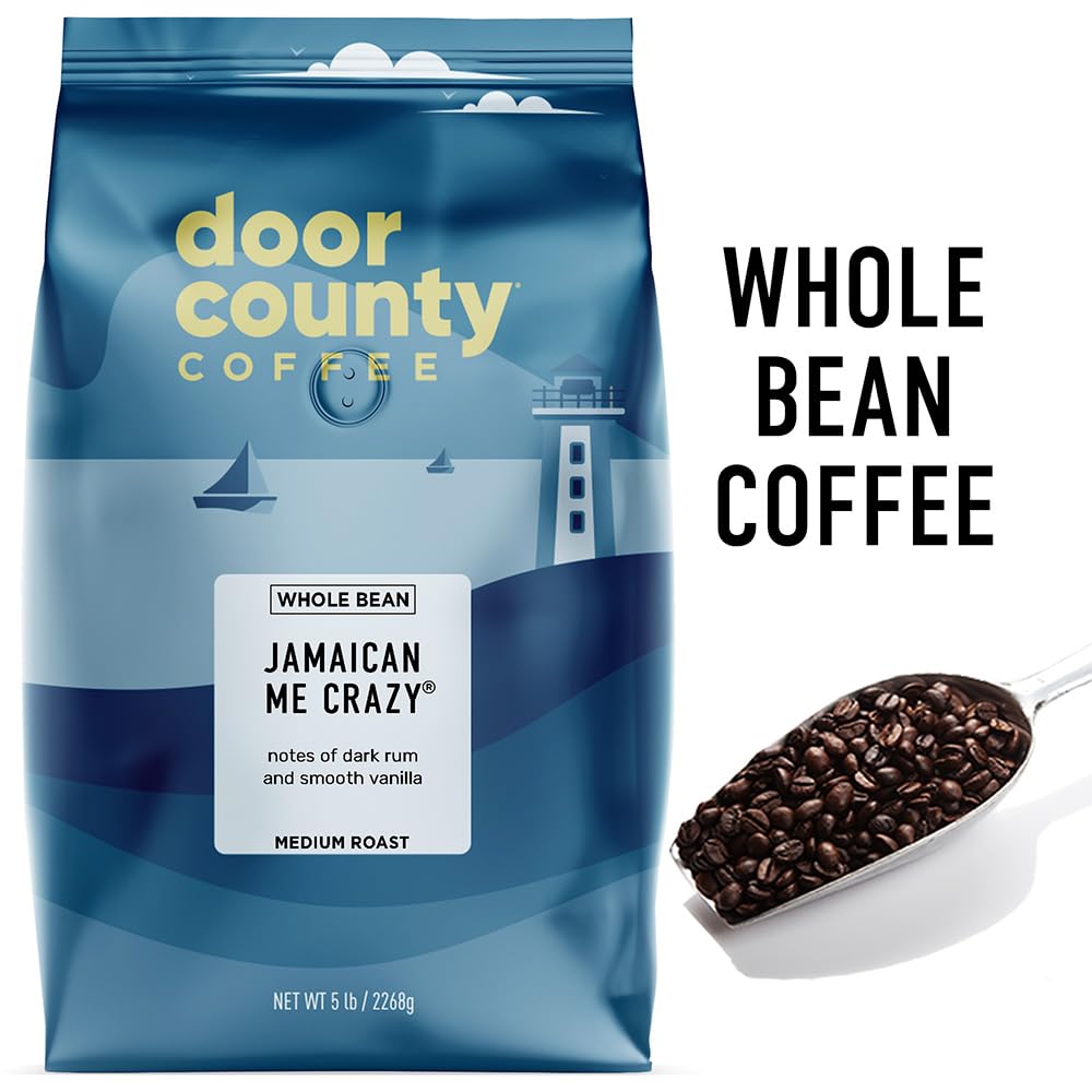 Door County Coffee Jamaican Me Crazy® Flavored Coffee Whole Bean - 5lb Bag - Medium Roast - 100% Specialty Arabica - Gourmet - Rum & Vanilla Flavored
