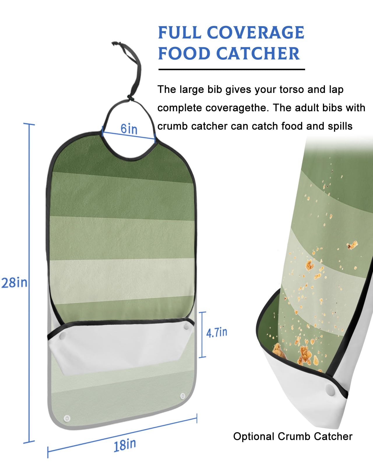 LEOKOTI Sage Green Ombre Adult Bibs for Eating, Waterproof Bibs with Food Catcher & Adjustable Snap Closure, Sage Green Gradient Woods Farmhouse Washable Clothing Protectors Adult Bibs for Elderly