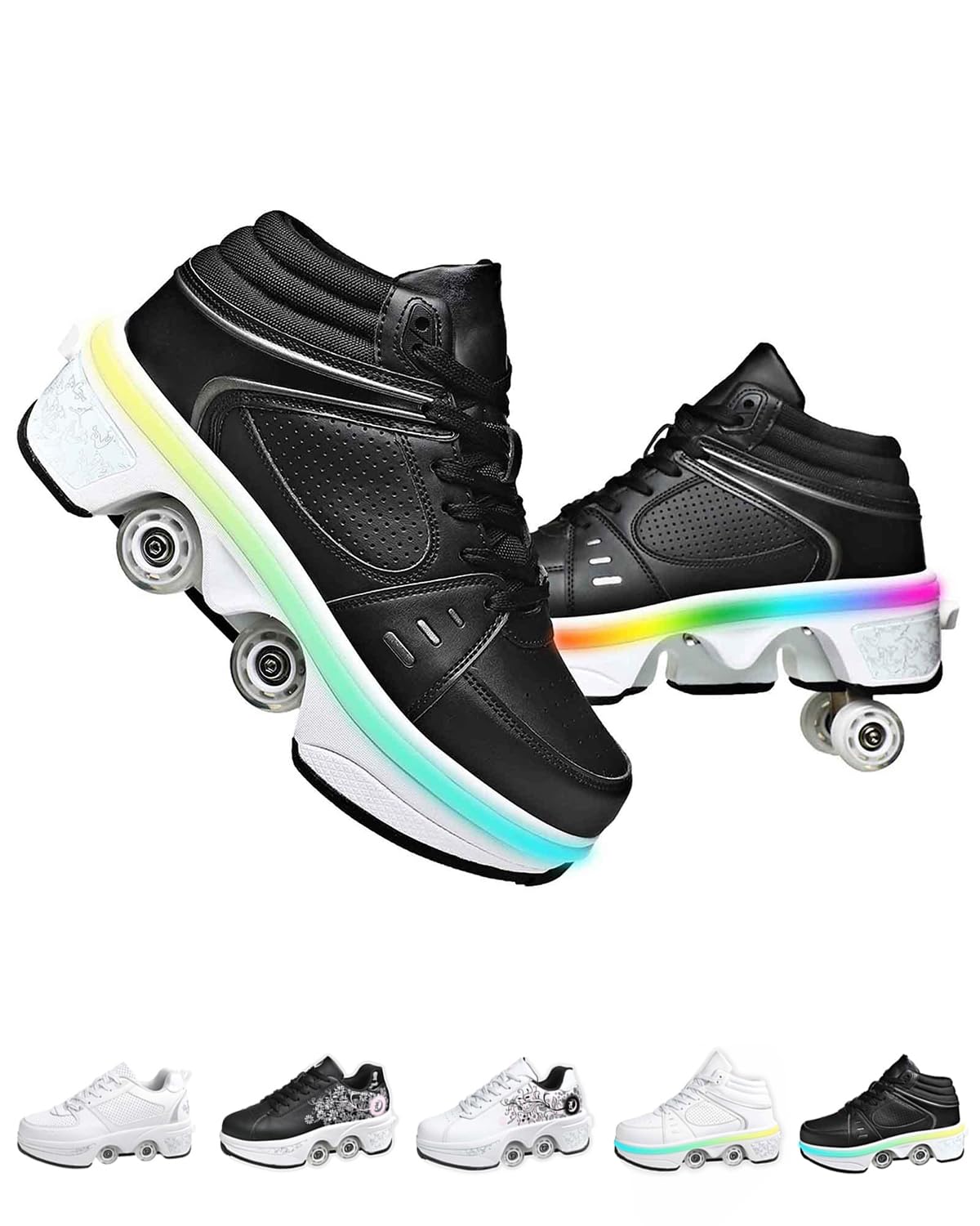 Roller Skate Shoes for Unisex,2-in-1 Retractable Skates Shoes with 4 Wheels & Pop-Out Deformation Sneakers Outdoor Sports Skating Shoes for Girls Boys (Black with Light, 9)