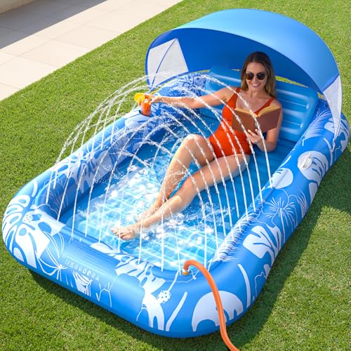 Inflatable Tanning Pool Lounger Float with Sprinkler & Canopy UPF50+,...