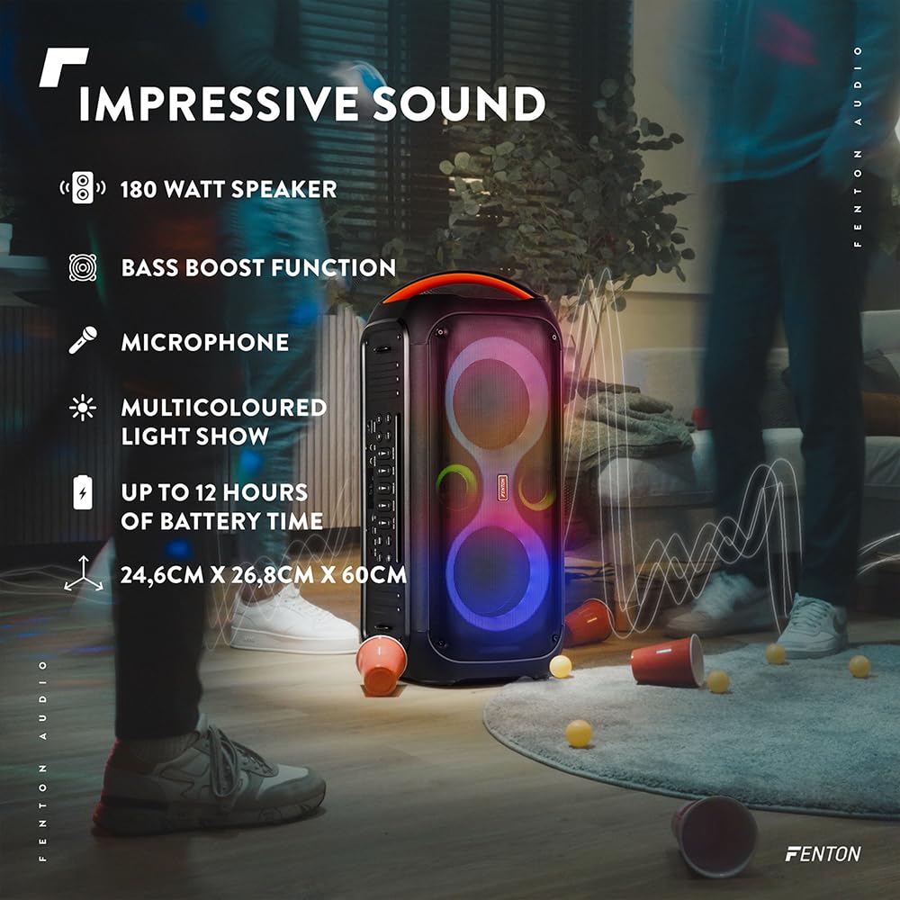 Fenton Core120 - Scatola musicale Bluetooth grande, 180 W, batteria 12 ore, microfono karaoke, BT 5.3, cinghia a tracolla, telecomando, scatola Bluetooth, per feste e feste, per la musica, portatile