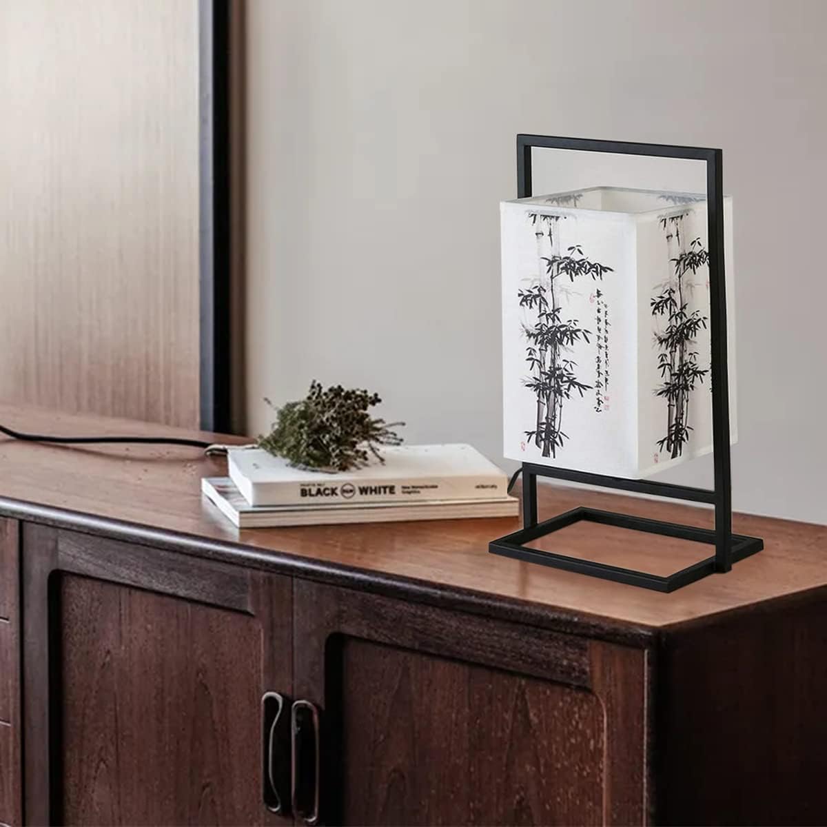 lámpara de noche dormitorio japonés, lámpara de escritorio Industrial marco Metal negro, lámpara de mesa con pantalla de tela cuadrada para dormitorio (interruptor de botón, bambú)