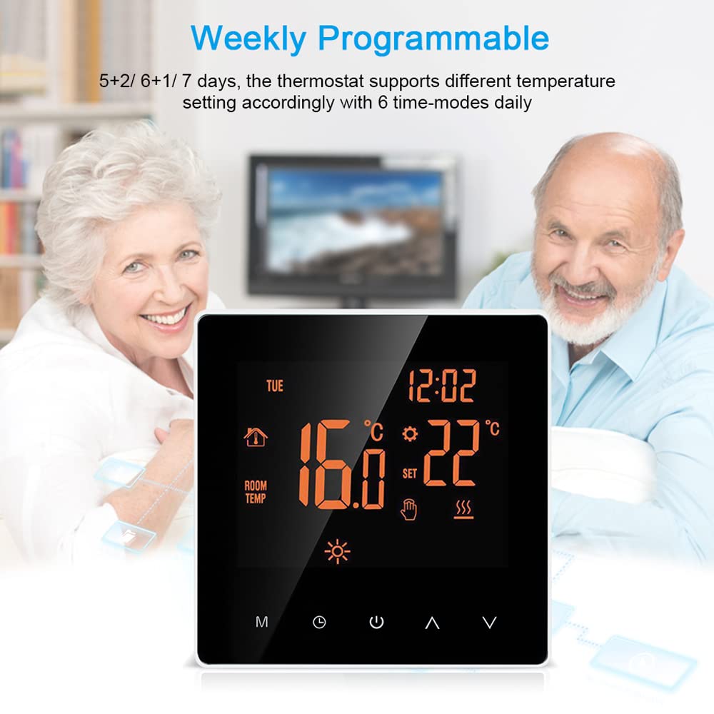Matybobe Termostato digitale 16 A, regolatore di temperatura digitale, display LCD, touch screen, settimana, programmabile, termostato per Home School Arancione, Termostato per Riscaldamento