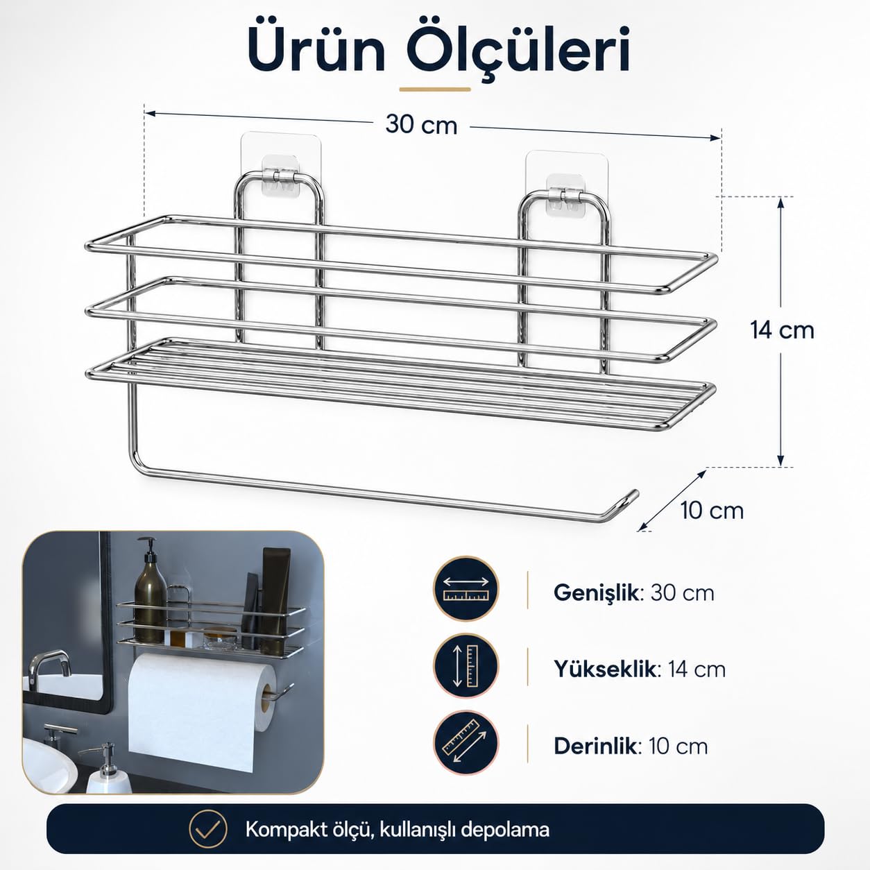 Alper Banyo Raflı Solo Havluluk Krom, Yapışkanlı Banyo Rafı ve Havlu Askısı, Paslanmaya Dayanıklı Krom Kaplama Duvar Rafı, Şeffaf Yapışkanlı Taşıyıcılı Banyo Düzenleyici