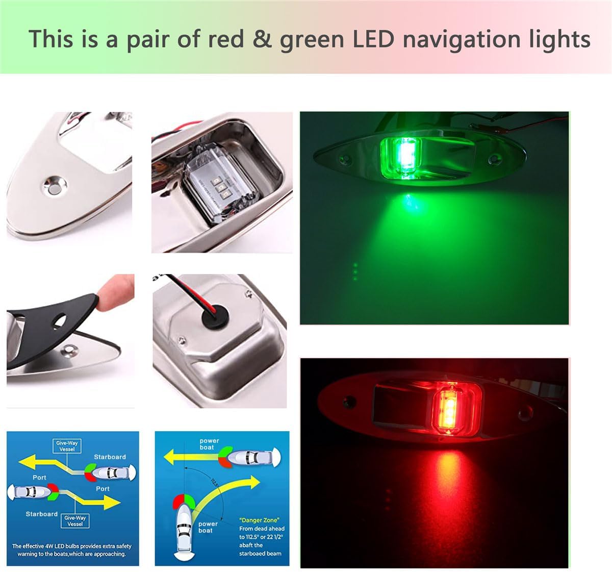 Marine 12V LED Shark Eye Navigation Lights, Waterproof, Boat Sides Teardrop Navigation Light, Yacht Bow Light Flush Mount, Pontoon Bright Signal Warning Lamps DC, Stainless, Red&Green 1 Pair