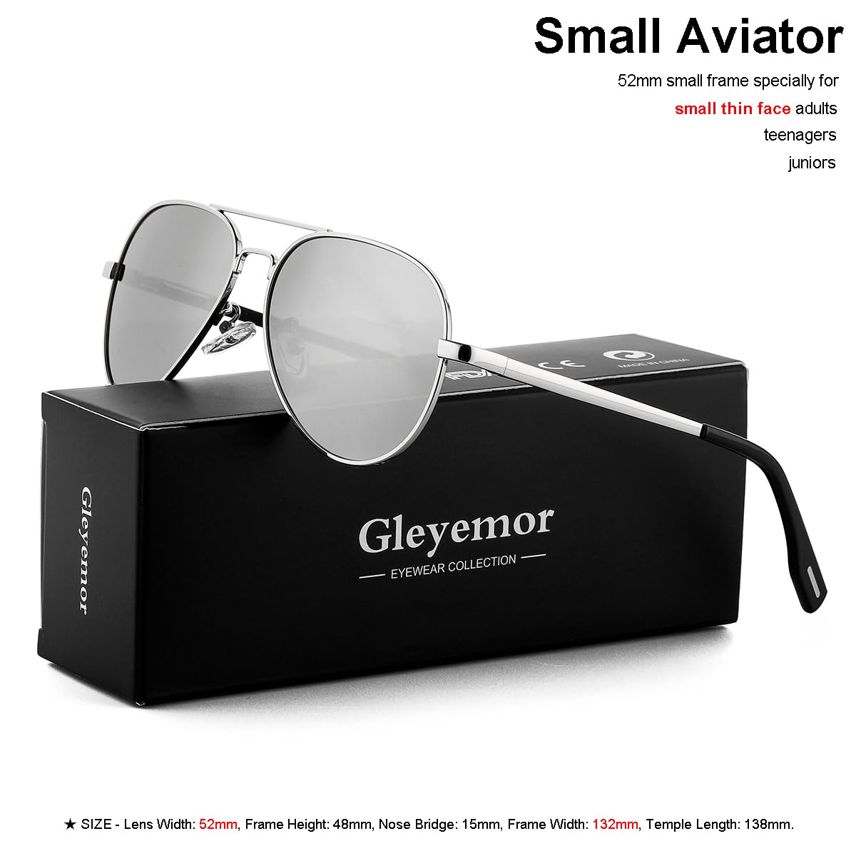 Gleyemor Polarisierte Piloten-Sonnenbrille für kleine Gesichter, Damen und Herren, 52 mm, kleine Flieger, 100 % UV-Schutz