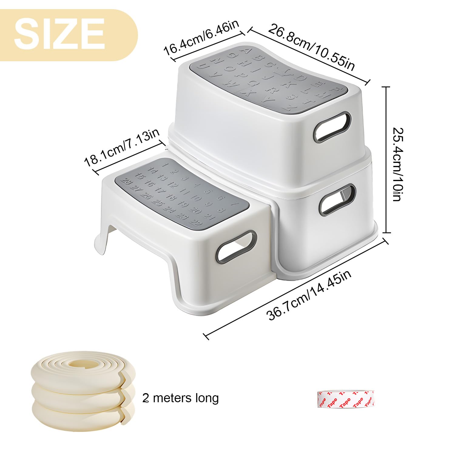 Taburete infantil 2 niveles protección cantos 1 m pies antideslizantes antivuelco peldaños perfilados para baño aseo cocina habitación infantil pálido