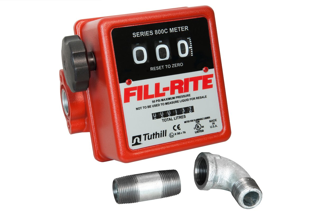 Fill-Rite807CLMK 19-76 LPM 3-Wheel 3/4" Mechanical Fuel Meter with H Series Fittings - Liter Display, High Accuracy