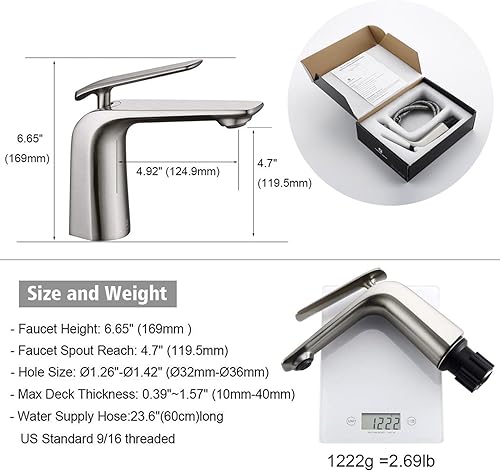 Miniatura 6 de Grifo de baño de 1 mango, grifo de fregadero de níquel cepillado, grifo de fregadero de baño de un agujero, grifo mezclador de lavabo moderno, grifo