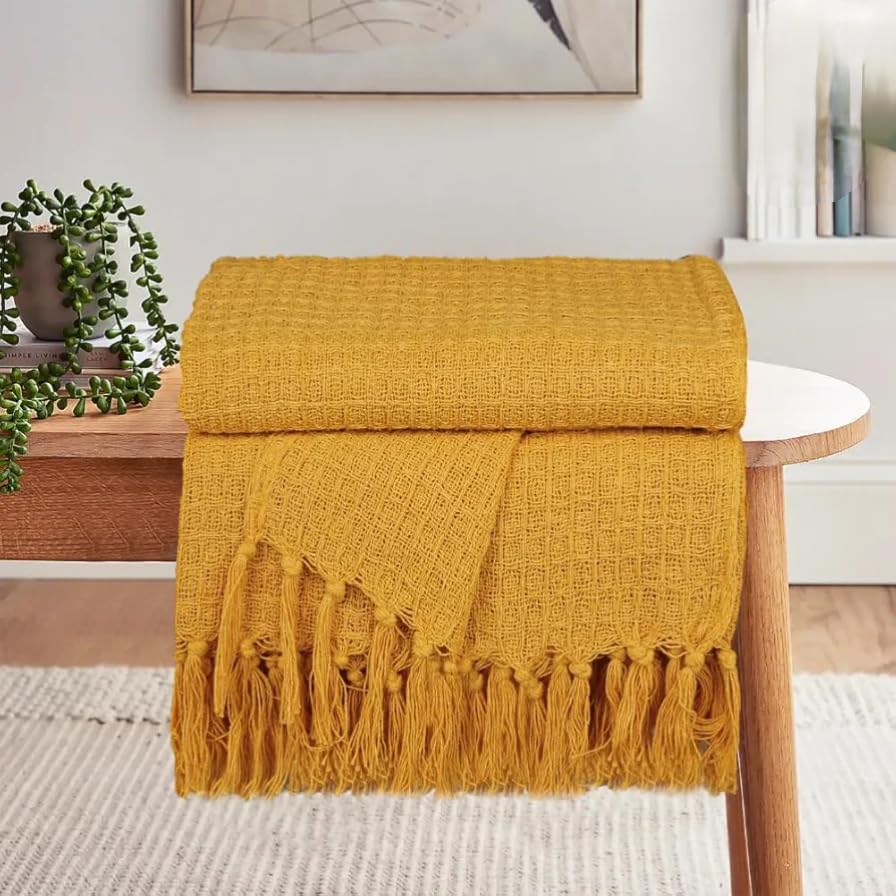 Decorative Knit Throw Blanket with Tassels, Mustard Yellow, Waffle Weave Pattern, Living Room Couch Sofa Accent-image-4
