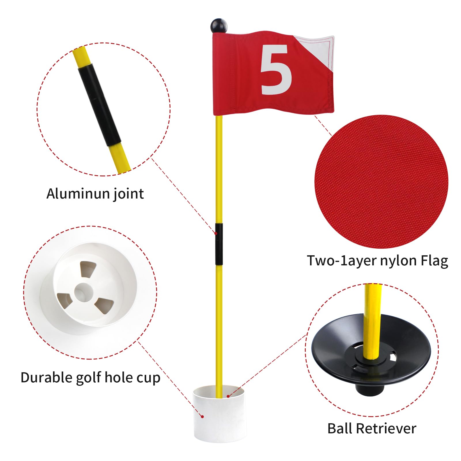 Crestgolf Portable Backyard Practice Golf Hole Cup and Flag Stick of Fiberglass, Golf Putting Green Flagstick Golf Pin Flag Hole Cup Set(red,#5)