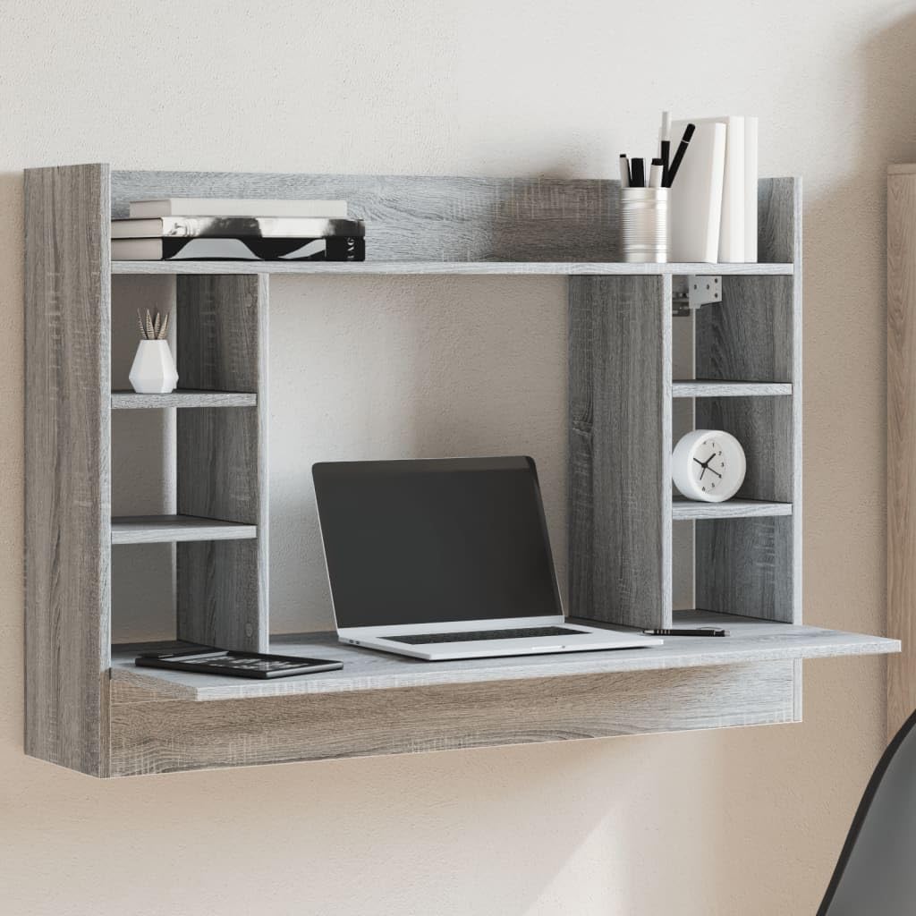 Scrivania a Parete Grigio Sonoma 105x48x75 cm Porta PC Sospeso | Mobile salvaspazio da studio o camera con sei scomparti laterali e ripiano per organizzare libri e piccoli oggetti.