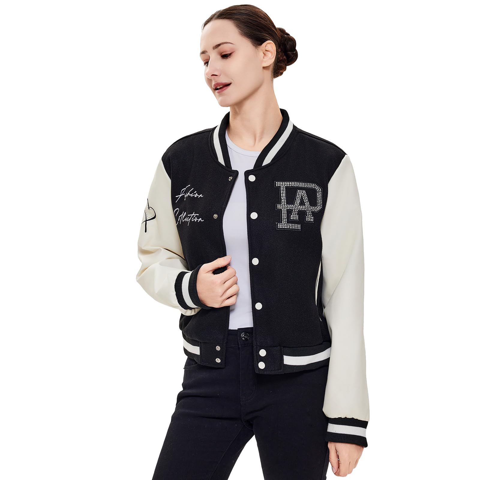 Veste universitaire en cuir synthétique pour femme, coupe ajustée, décontractée, légère